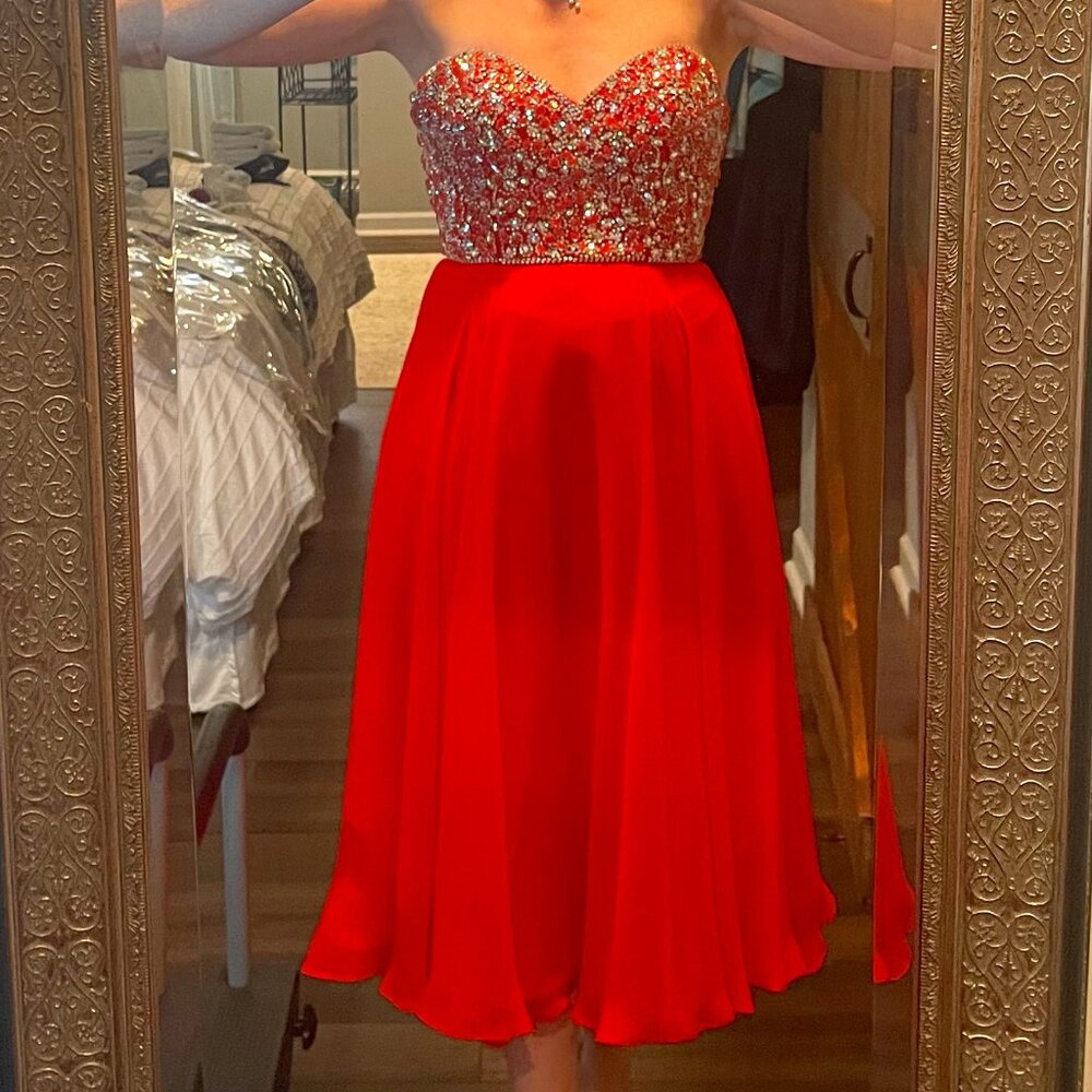 Tomato Red Beaded Heart Shaped Strapless Gown